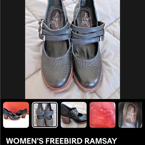Freebird LEATHER Black Croc-Embossed MARY JANE Heels PUMPS 3 strap LIKE NEW - Picture 3 of 15